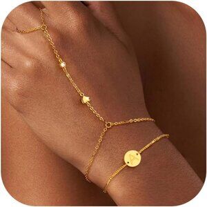 Gold Hand Chain Bracelet with Initial Charms 18K Gold Plated Jewelry for Women